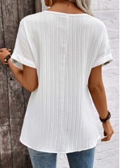 Patchwork White Short Sleeve Split Neck Blouse