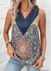 Tribal Print Patchwork Blue Sleeveless V Neck Tank Top