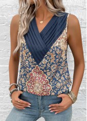 Tribal Print Patchwork Blue Sleeveless V Neck Tank Top