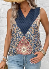 Tribal Print Patchwork Blue Sleeveless V Neck Tank Top