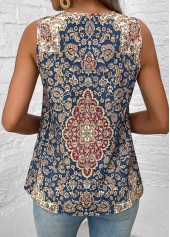 Tribal Print Patchwork Blue Sleeveless V Neck Tank Top