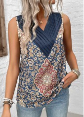 Tribal Print Patchwork Blue Sleeveless V Neck Tank Top