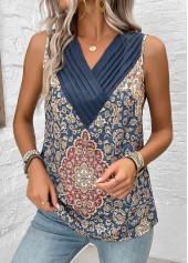 Tribal Print Patchwork Blue Sleeveless V Neck Tank Top