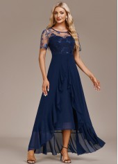 Mesh Navy High Low Short Sleeve Round Neck Dress