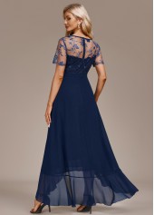 Mesh Navy High Low Short Sleeve Round Neck Dress