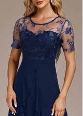 Mesh Navy High Low Short Sleeve Round Neck Dress