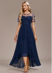 Mesh Navy High Low Short Sleeve Round Neck Dress
