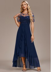 Mesh Navy High Low Short Sleeve Round Neck Dress