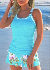 Floral Print Jacquard Cyan Tankini Set