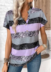 Striped Button Light Purple Short Sleeve Split Neck Blouse