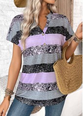 Striped Button Light Purple Short Sleeve Split Neck Blouse