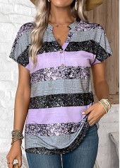 Striped Button Light Purple Short Sleeve Split Neck Blouse