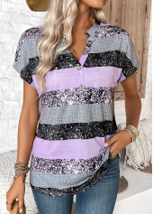 Striped Button Light Purple Short Sleeve Split Neck Blouse