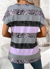 Striped Button Light Purple Short Sleeve Split Neck Blouse