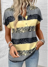 Striped Button Light Yellow Short Sleeve Split Neck Blouse