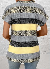 Striped Button Light Yellow Short Sleeve Split Neck Blouse