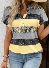 Striped Button Light Yellow Short Sleeve Split Neck Blouse