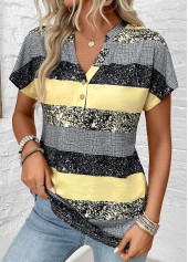 Striped Button Light Yellow Short Sleeve Split Neck Blouse