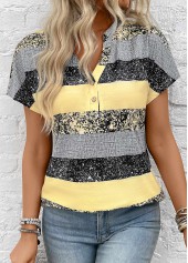 Striped Button Light Yellow Short Sleeve Split Neck Blouse