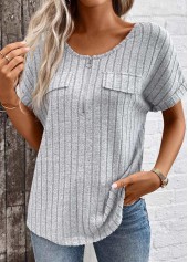 Zipper Light Grey Marl Short Sleeve V Neck Blouse