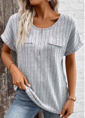 Zipper Light Grey Marl Short Sleeve V Neck Blouse