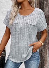 Zipper Light Grey Marl Short Sleeve V Neck Blouse
