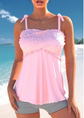 Striped Patchwork Bowknot Pink Tankini Set