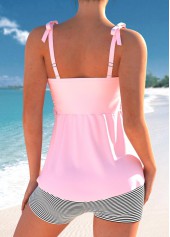 Striped Patchwork Bowknot Pink Tankini Set
