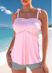 Striped Patchwork Bowknot Pink Tankini Set