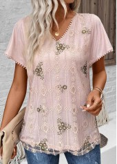 Floral Print Patchwork Light Pink Short Sleeve Blouse