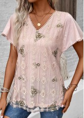 Floral Print Patchwork Light Pink Short Sleeve Blouse