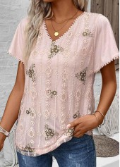 Floral Print Patchwork Light Pink Short Sleeve Blouse