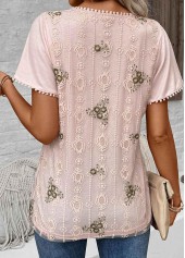 Floral Print Patchwork Light Pink Short Sleeve Blouse