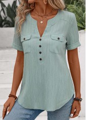 Patchwork Mint Green Short Sleeve Split Neck Blouse