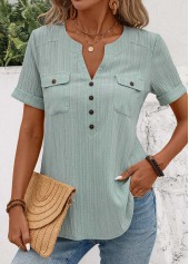 Patchwork Mint Green Short Sleeve Split Neck Blouse