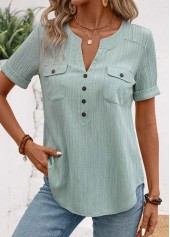 Patchwork Mint Green Short Sleeve Split Neck Blouse