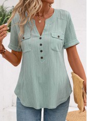 Patchwork Mint Green Short Sleeve Split Neck Blouse