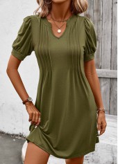 Tuck Stitch Olive Green Split Neck Dress