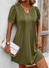 Tuck Stitch Olive Green Split Neck Dress