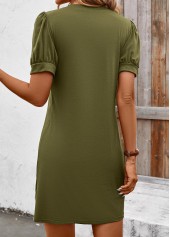 Tuck Stitch Olive Green Split Neck Dress