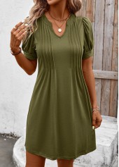 Tuck Stitch Olive Green Split Neck Dress