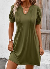 Tuck Stitch Olive Green Split Neck Dress