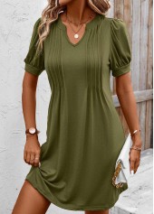 Tuck Stitch Olive Green Split Neck Dress