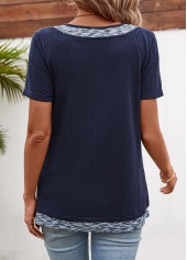 Patchwork Navy Short Sleeve Split Neck T Shirt