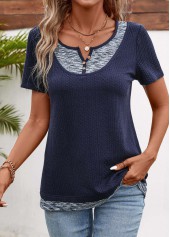 Patchwork Navy Short Sleeve Split Neck T Shirt