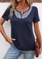 Patchwork Navy Short Sleeve Split Neck T Shirt