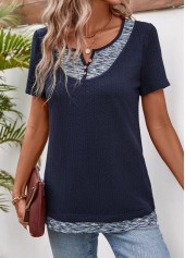 Patchwork Navy Short Sleeve Split Neck T Shirt