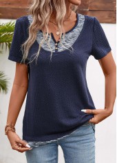 Patchwork Navy Short Sleeve Split Neck T Shirt