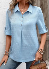Button Denim Blue Half Sleeve Shirt Collar Blouse