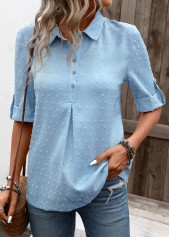 Button Denim Blue Half Sleeve Shirt Collar Blouse